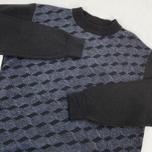 XL Geometric Cube‎ optic Mock Sweater Black Blue Casual Ski retro grandpa unisex